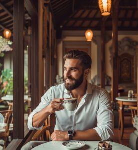 Independent handsome man drinking coffee
