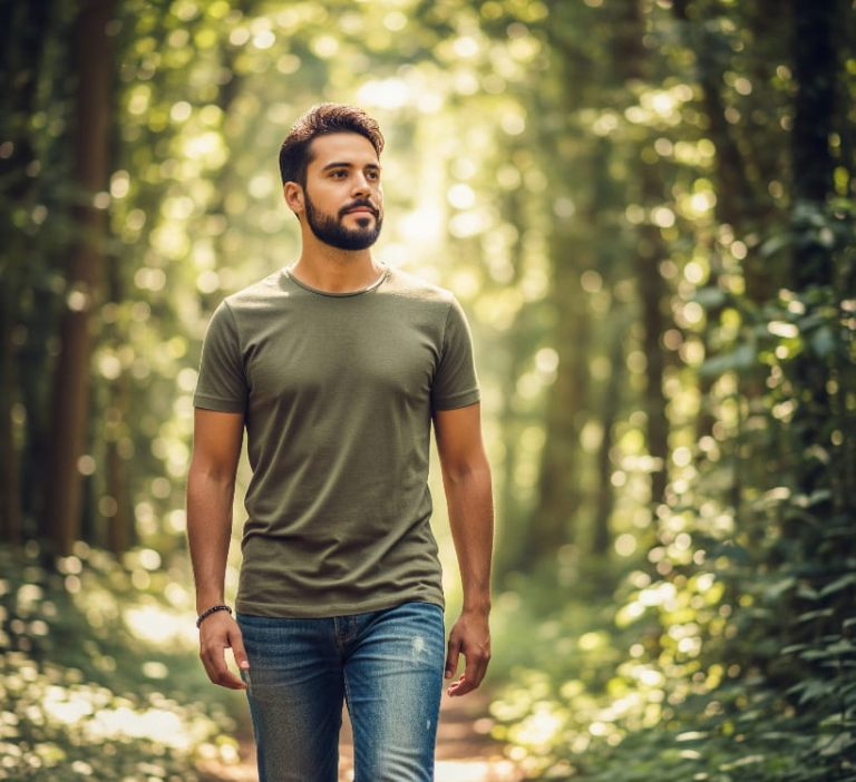 Young man walking in forest